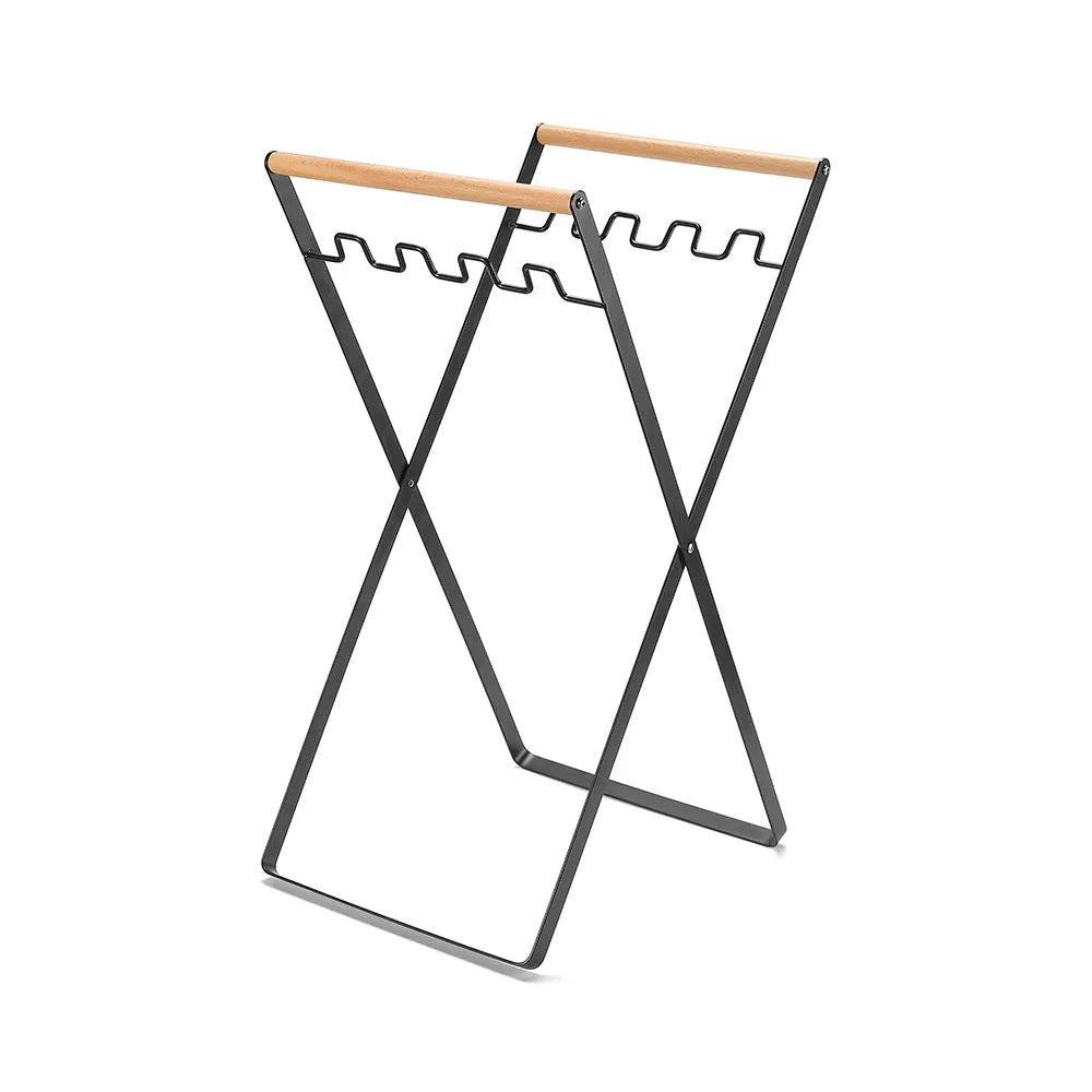 Outdoor iron garbage storage hanger with wooden handle in folded position