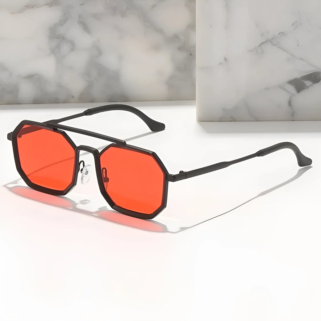 Steampunk double beam sunglasses with metal polygon frame in gold with dried flake lens