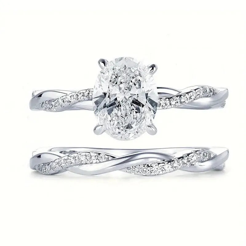 Classical zircon simple ring two-piece wedding set copper white gold colour geometric ellipse design
