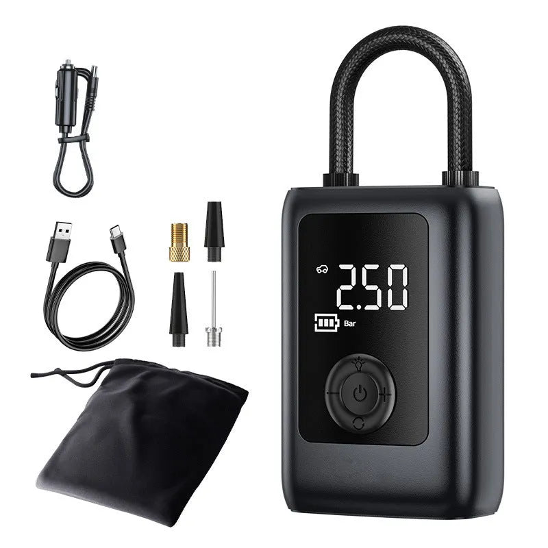 Car portable electric gas filling bag in ABS material with 12V cord, tyre pressure gauge, and LED light on a dark road surface