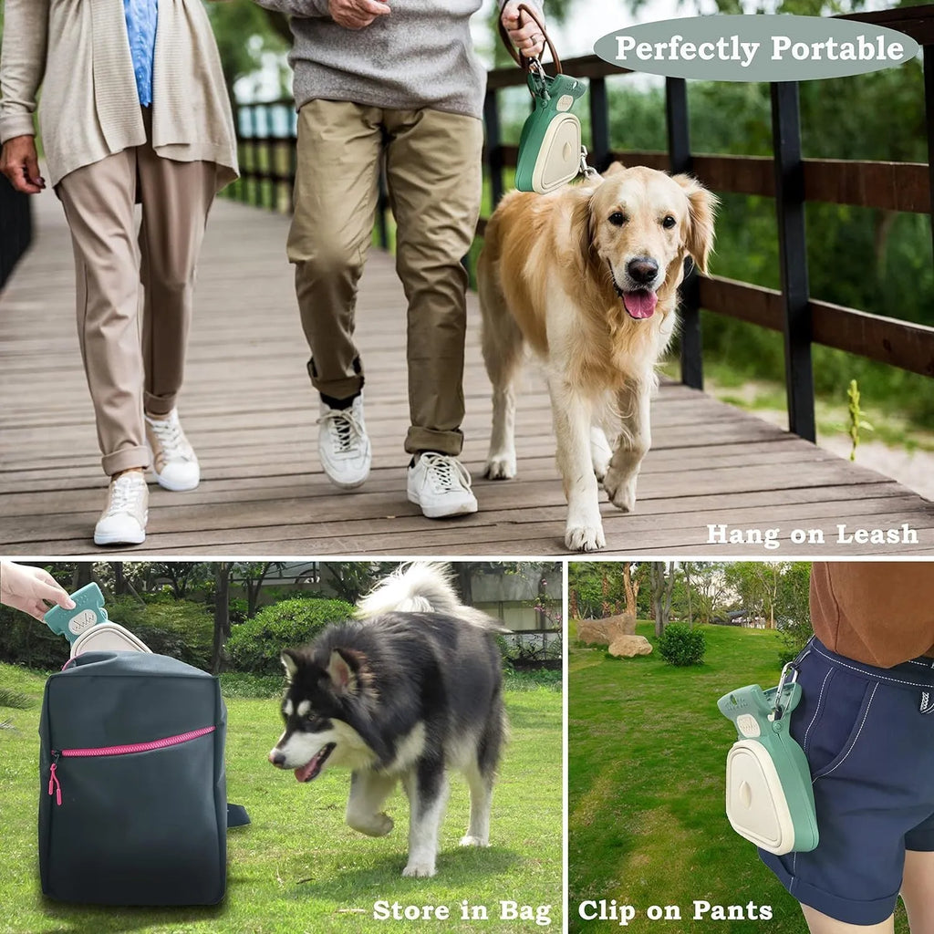 Blue portable pooper scooper with expandable container and carabiner clip for dog waste cleanup