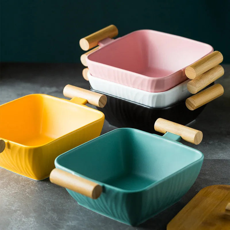 Irregular shaped porcelain ceramic bowl with lid in modern design for food service