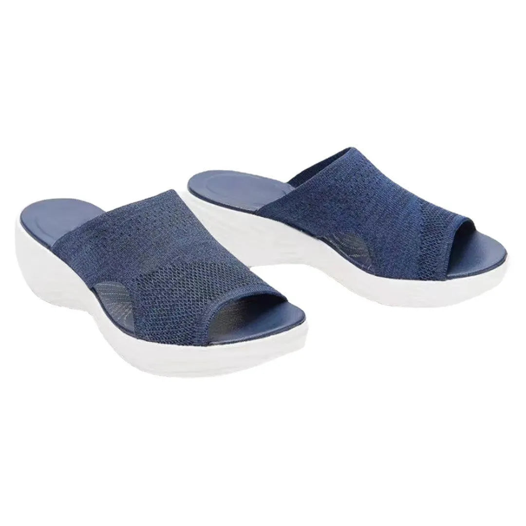 Casual woven mesh upper polyurethane platform sandals for women in blue grey pink