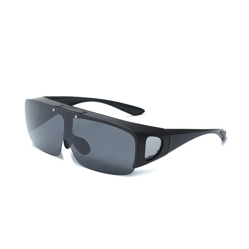Polarised one-piece sunglasses for myopia with multiple lens options including black, grey, dark green, and night vision.