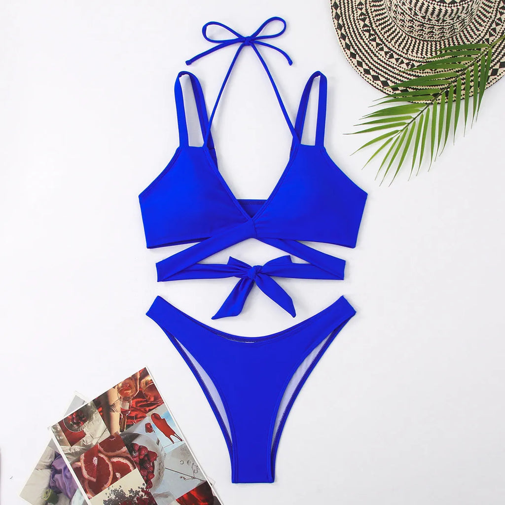 Women's solid colour strap beach bikini swimsuit in black, red, blue, rose red, or white options