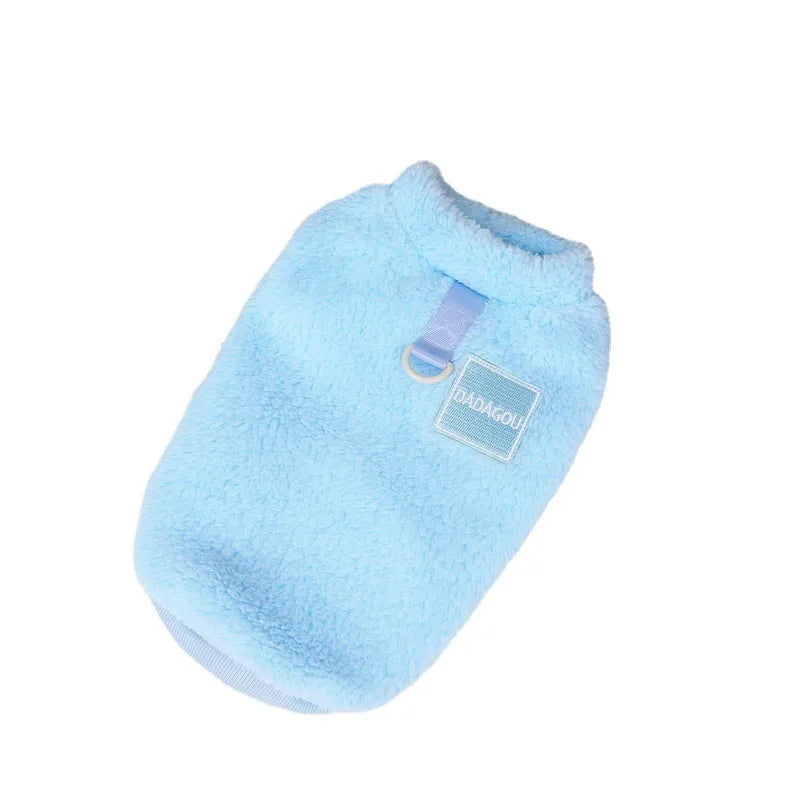 Coral fleece pet jacket with five-colour pull rings in blue for small dog or cat