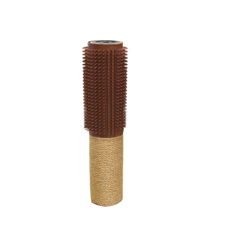 Brown sisal cat scratching post with face scratching device and toy attachment measuring 30cm tall