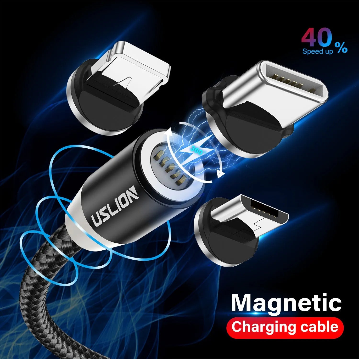 Magnetic three-in-one fast charging data cable with 2m length for iPhone and Android in black