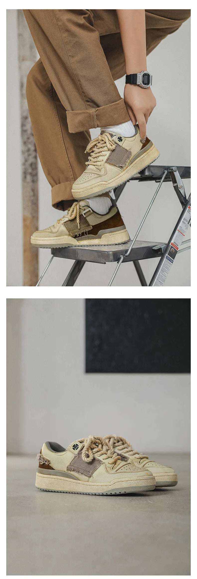 Beige vintage patch skateboard shoes with low-top design and round toe