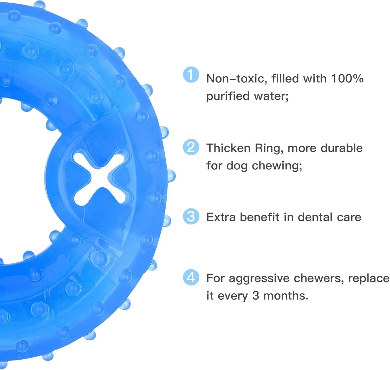 Freezable dog chew toy in bone and circle shapes with a treat slot, shown frozen.