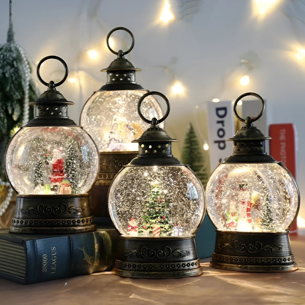 Large flat round plastic Christmas decoration rotating crystal ball music box with night light