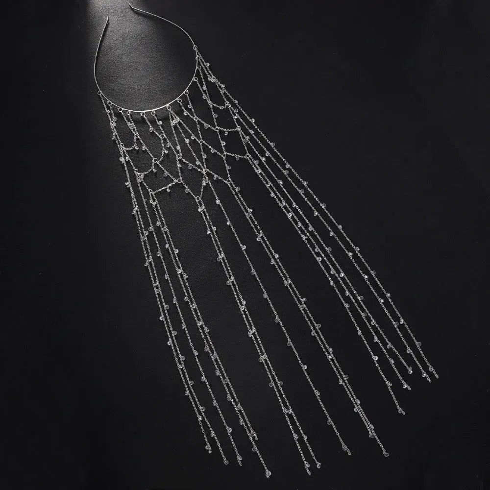 Gold rhinestone and mesh tassel headband for women