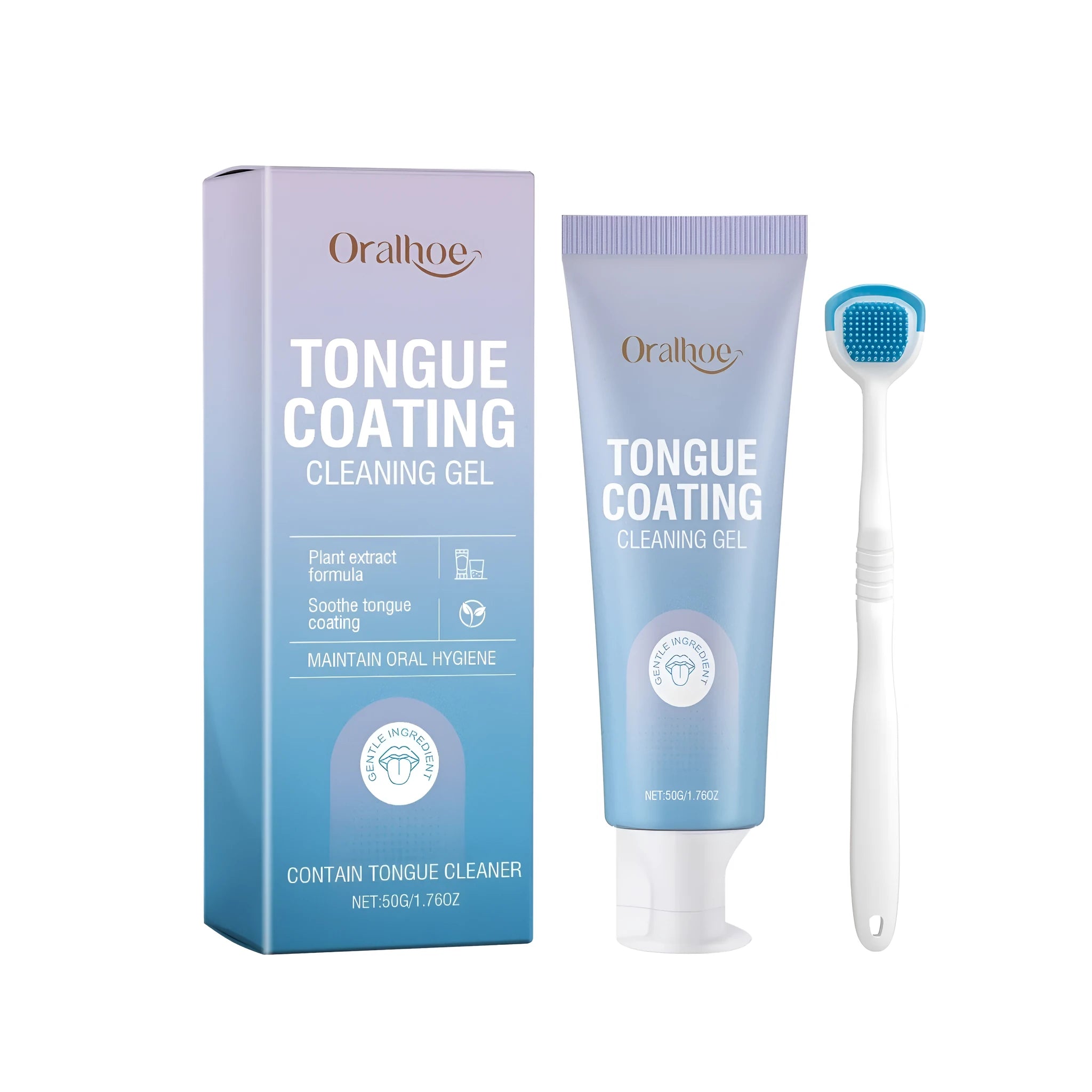 50g mint tongue cleaning gel tube and 17cm long tongue scraper brush on a white background