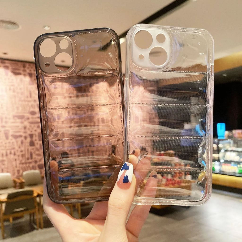 Transparent black TPU phone case with air cushion edges and down jacket pattern for iPhone 15 Pro Max