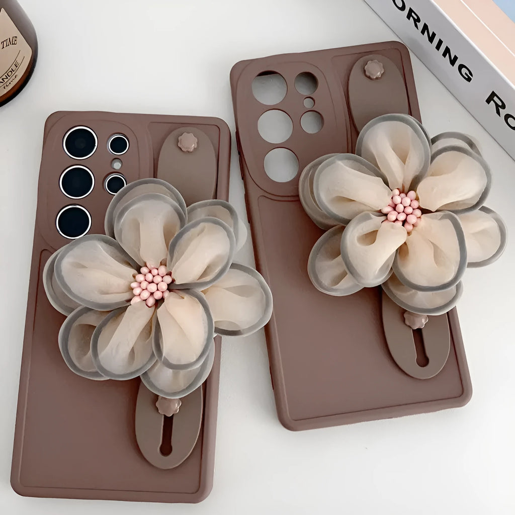 Silicone frosted wrist strap bracket phone case for Samsung Galaxy in brown and dark purple colour options