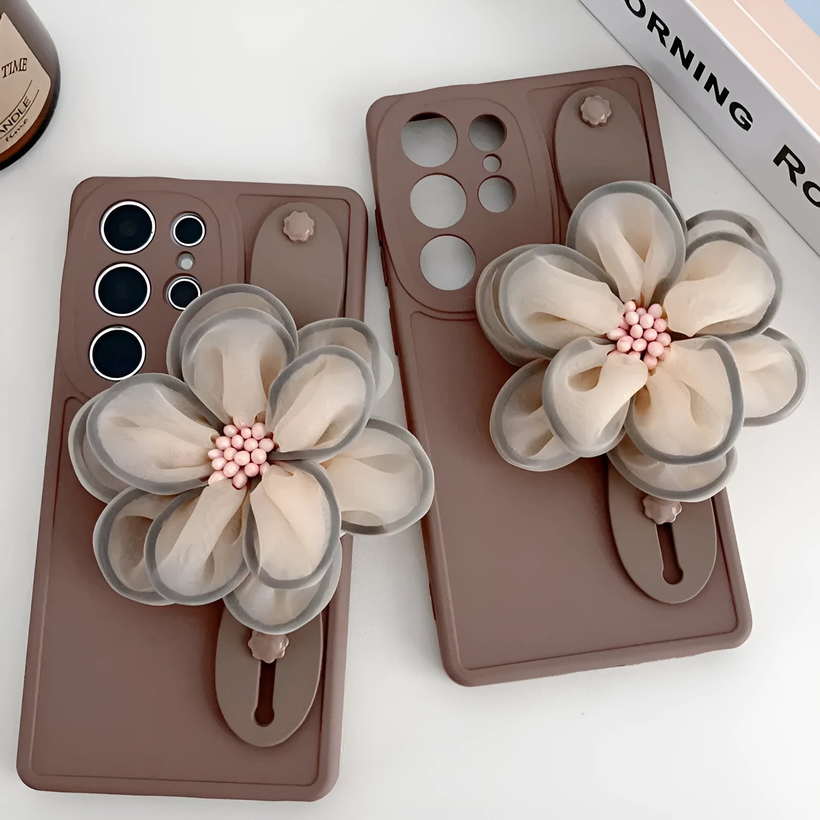 Silicone frosted wrist strap bracket phone case for Samsung Galaxy in brown and dark purple colour options