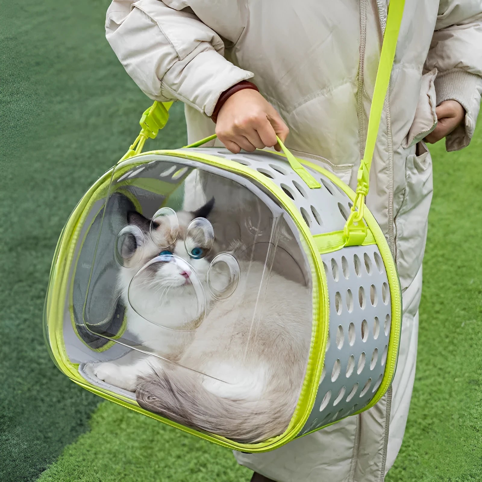 Large transparent EVA hard-shell cat backpack in grass green, showing space capsule design for pets up to 9kg.