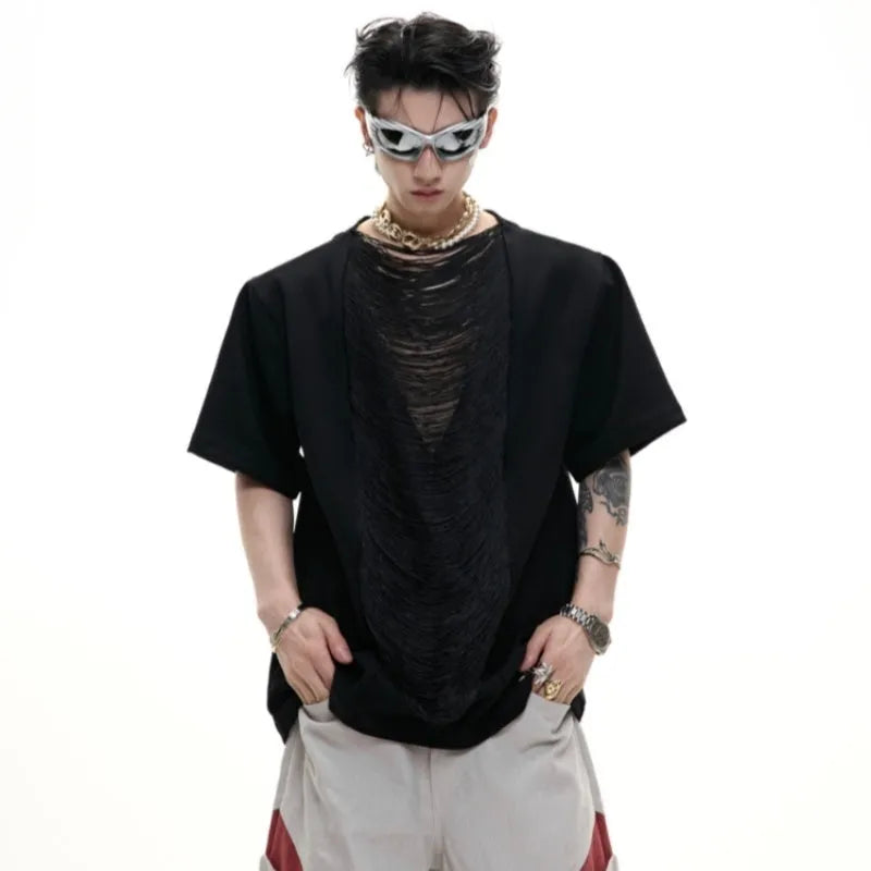 Black loose fit men's V-neck polyester T-shirt with short sleeves and tassel detailing