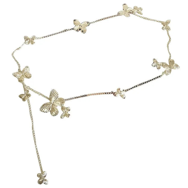 Gold or silver alloy butterfly waist chain belt showing 104cm length and decorative charm.