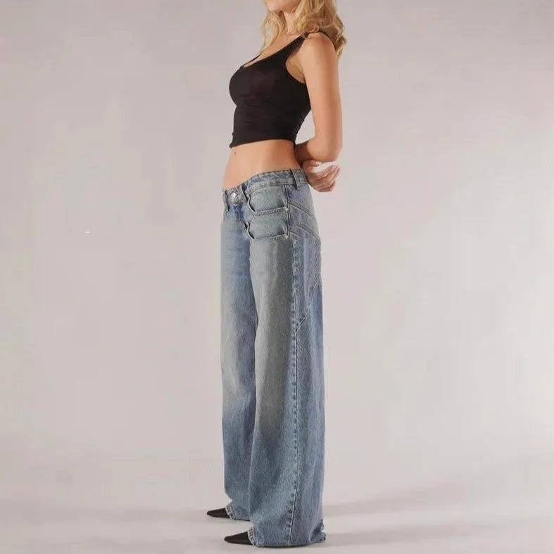 Cotton loose wide leg mop trousers with splicing stitching design in blue colour