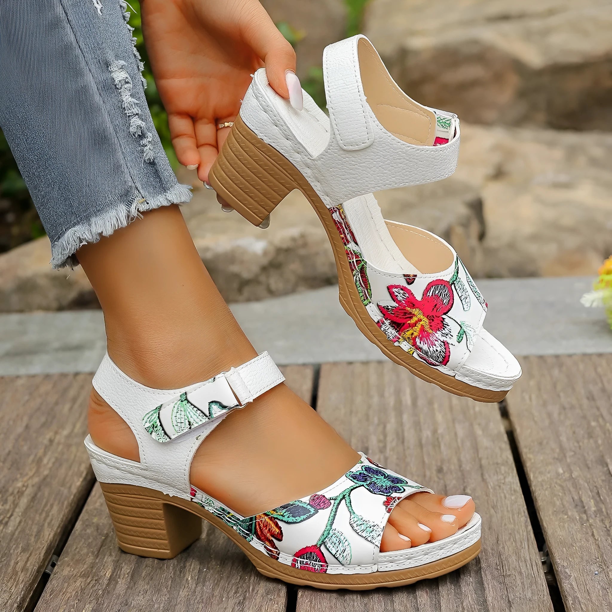 White women's high heel sandals with Velcro buckle fastening on rubber sole
