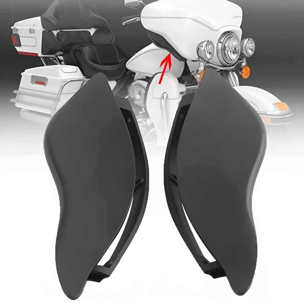 Pair of smoked ABS plastic motorcycle side wing panels for Harley trike models.