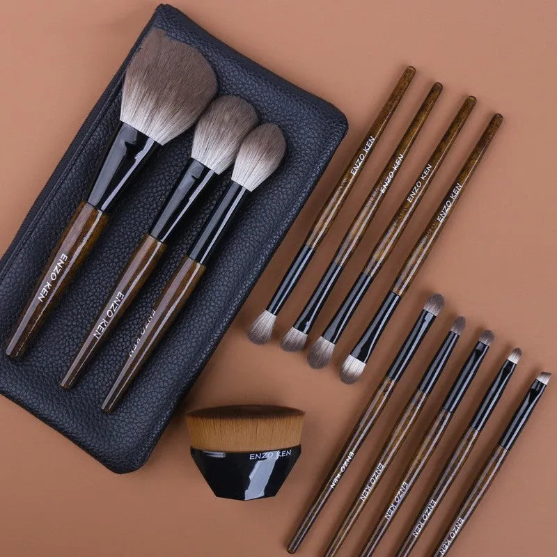 12-piece makeup brush set with wooden handles in black PU roll-up case