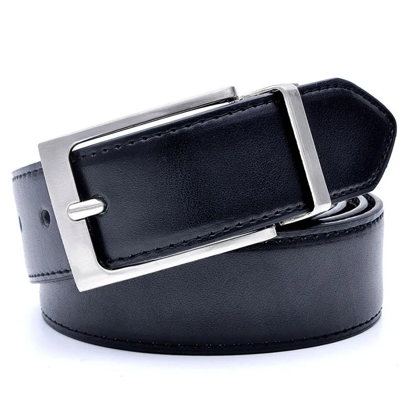 Men's dark brown and black genuine leather belt with rotating metal pin buckle showing length options