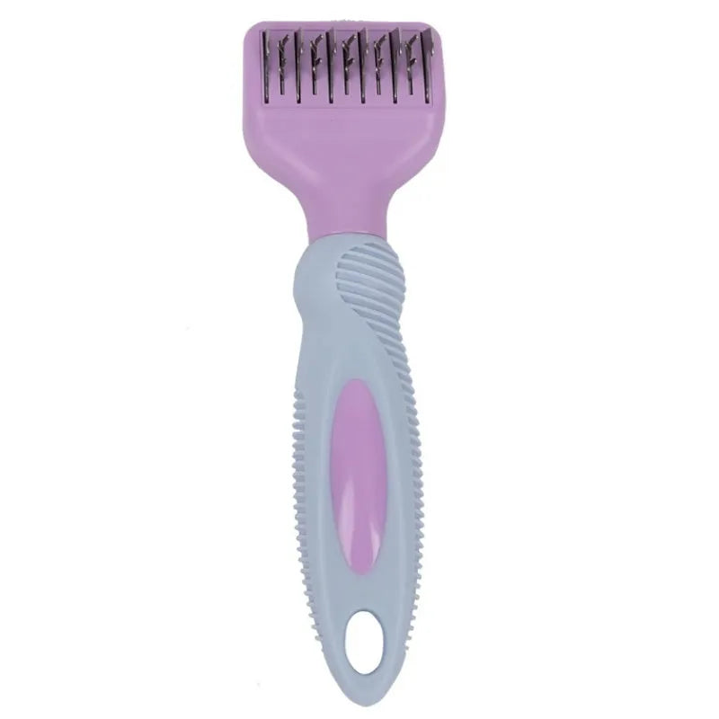 Stainless steel dog comb with knot knife edge and massage nodules, shown in pink colour option