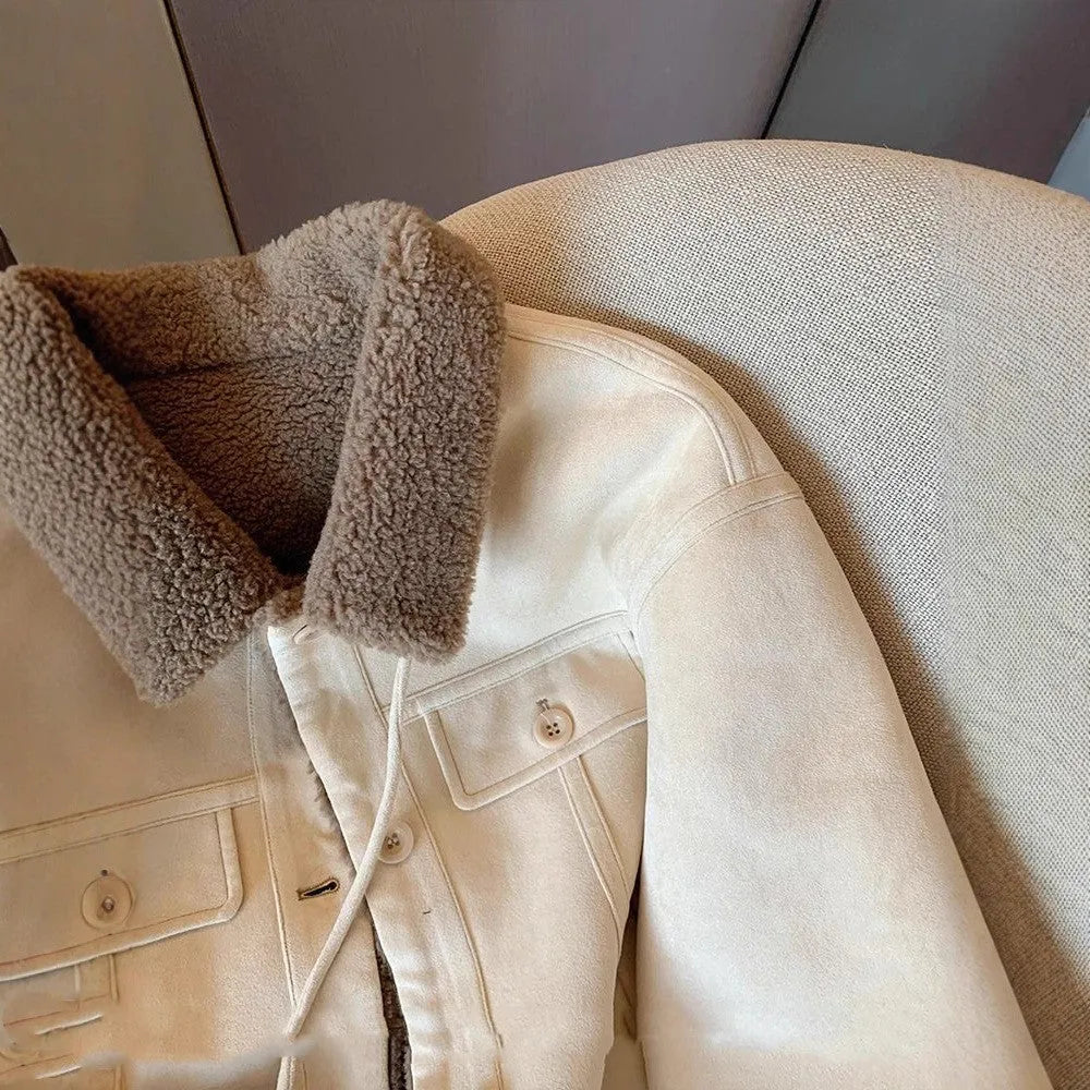 Loose thick small fur coat for women in beige apricot colour, sleeveless with velvet thickening