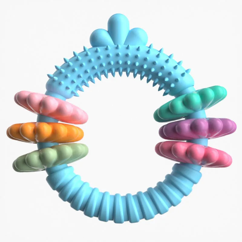 Blue TPR rubber squeaky chew ring dog toy for small dogs on a white background