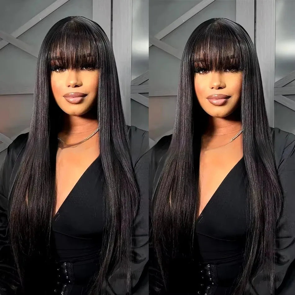 Women's natural colour human hair full-mechanism wig on a model, showing long length and full volume.