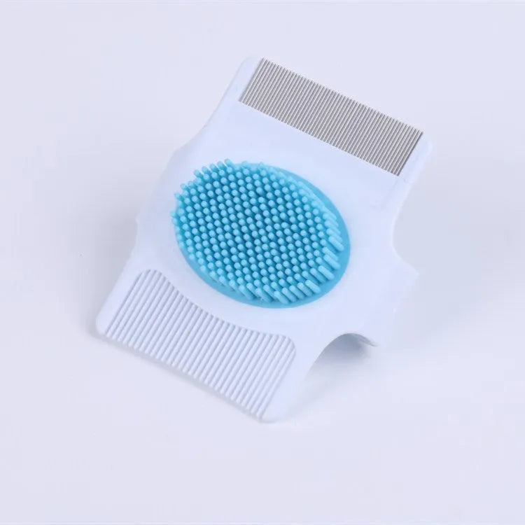 Blue plastic pet grooming comb with hair removal teeth and massage points