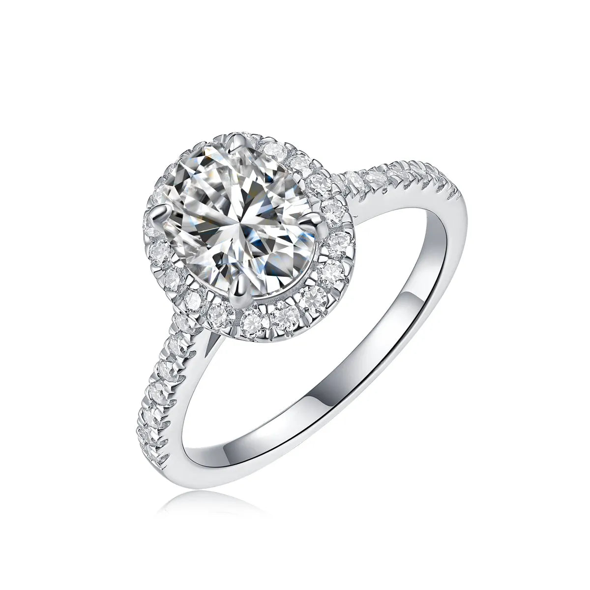 Egg-shaped 7x9mm moissanite wedding ring in S925 silver with platinum plating on white background