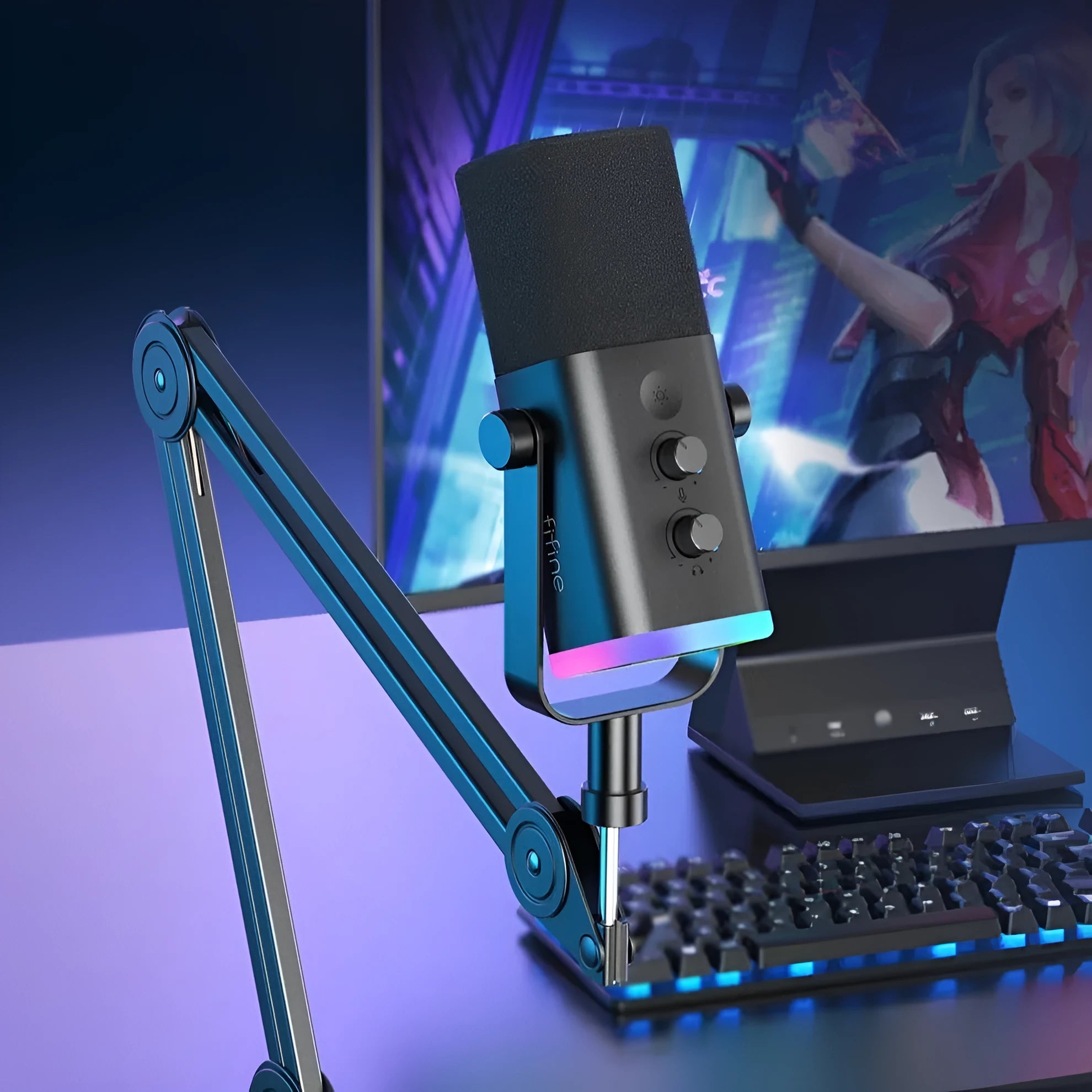 Black dynamic noise reduction microphone with XLR and USB ports on desktop base