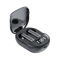 Black and white wireless Bluetooth earbuds with charging case showing digital display screen