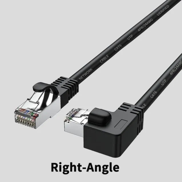 Cat6 Ethernet cable with right-angled RJ45 connector in various colours and lengths