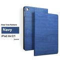 Sapphire blue imitation leather iPad protective cover with integrated sleep bracket standing upright.