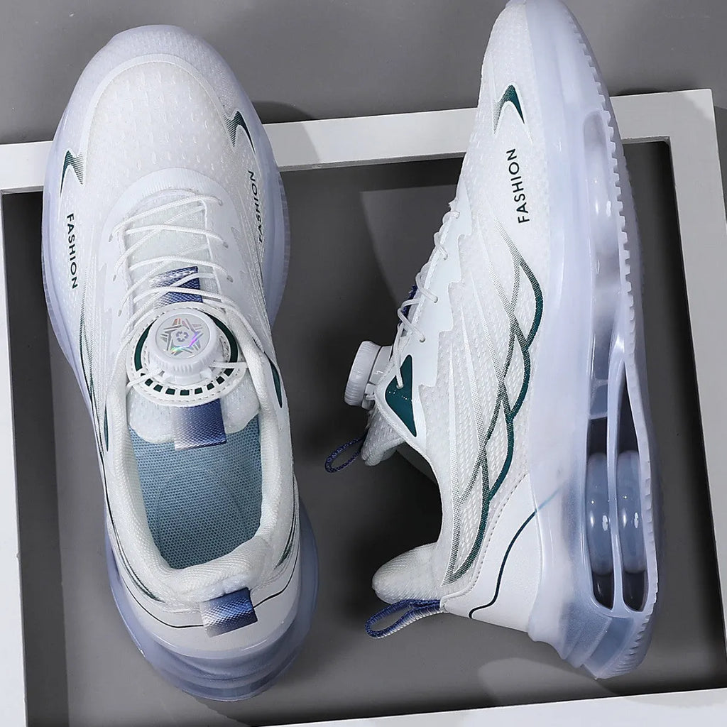 White low-top Korean style casual sports shoes with rotating button and lace-up closure on a rubber sole.