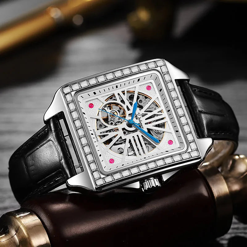 Men's square automatic watch with diamond studs on black leather strap