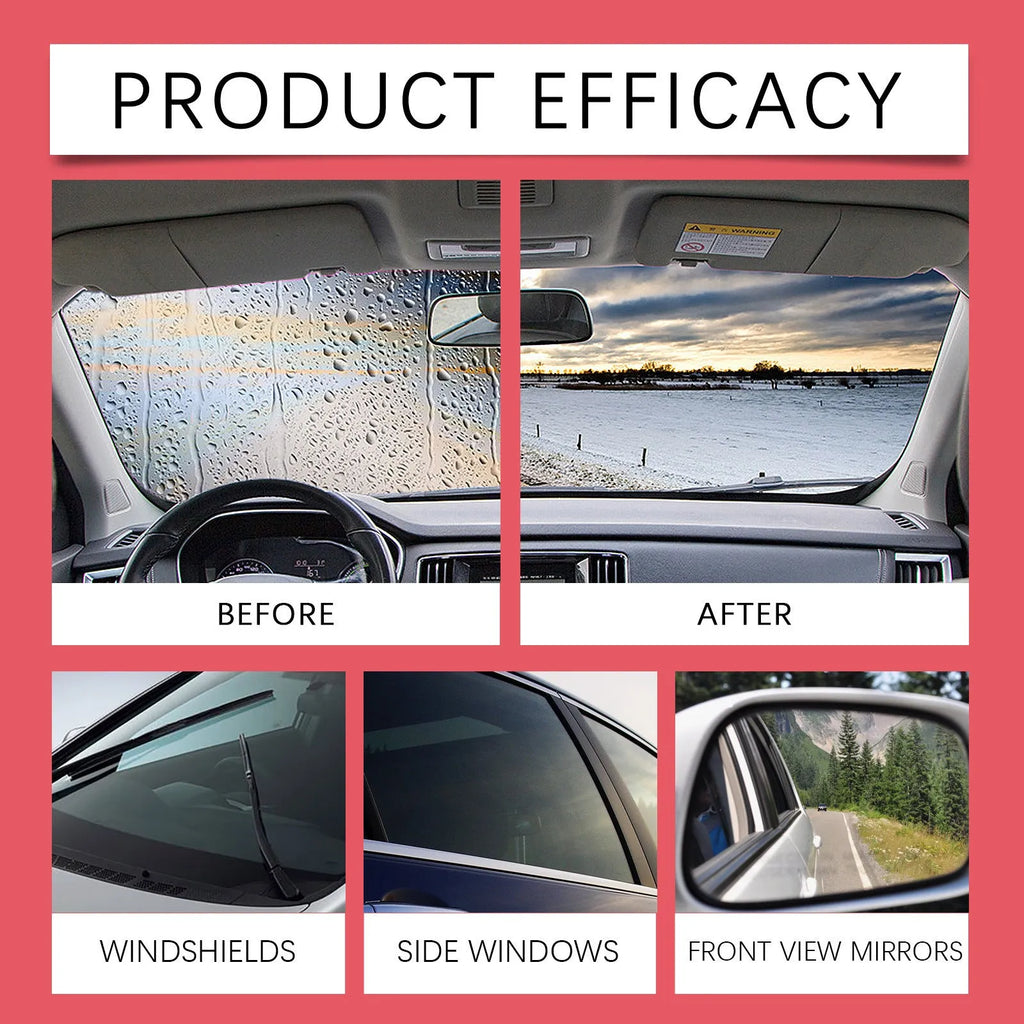 Car glass oil film cleaner with integrated liquid brush and reusable foam sprayer on a windshield