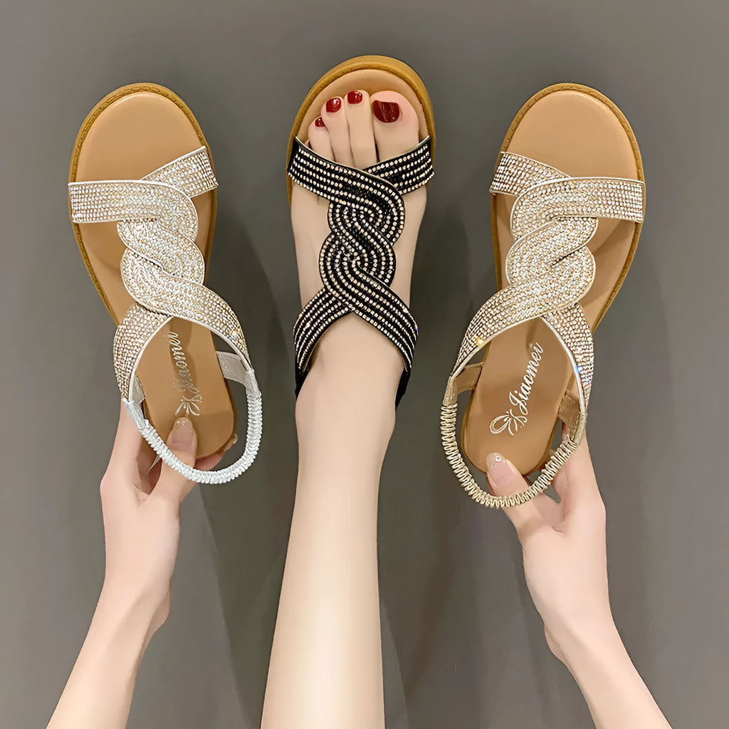 Women's Roman sandals with rhinestones, fish mouth toe, black colour, side view