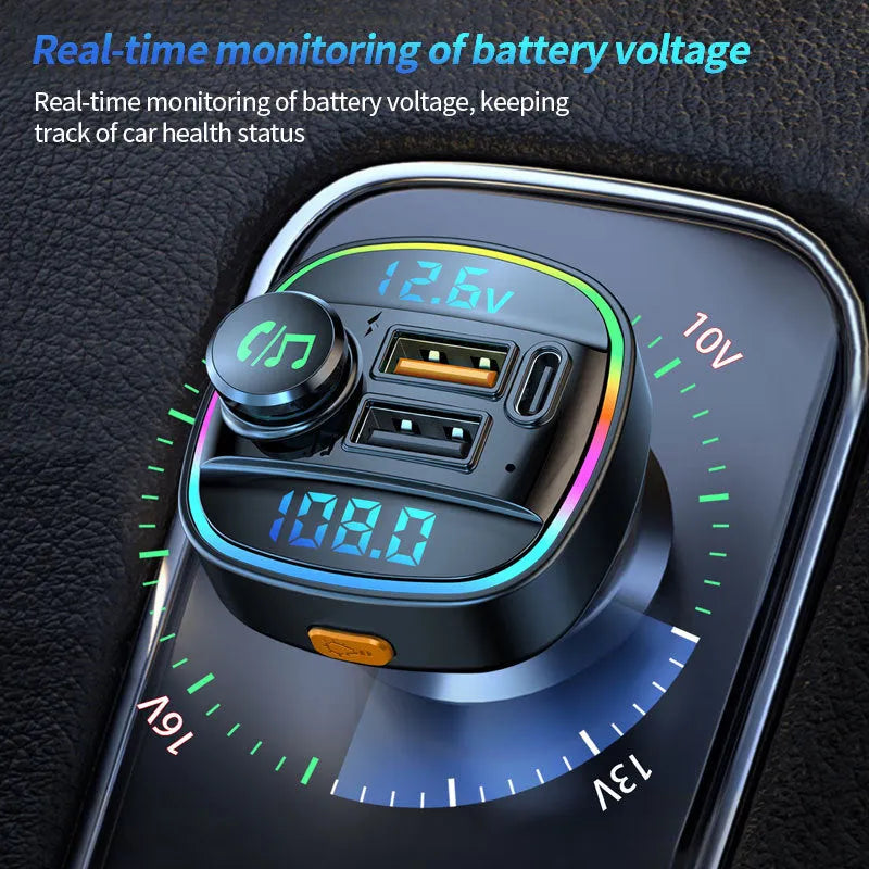 Bluetooth 5.0 FM transmitter with monochrome display and dual USB charging ports