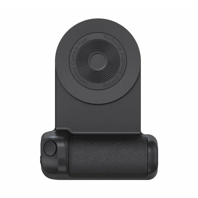 Black magnetic phone camera handle with rotatable design and PU leather grip on wooden table