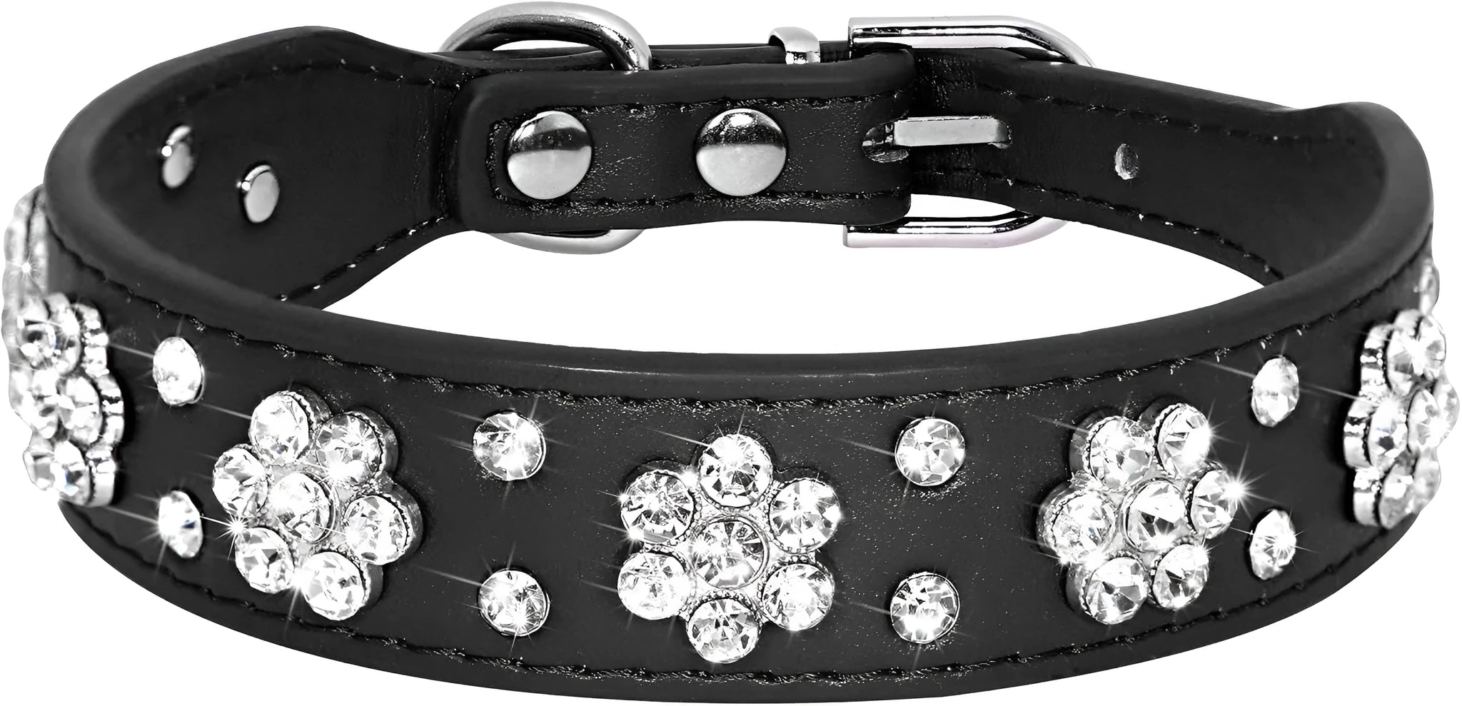 Close-up of a black PU leather dog collar with a sparkling rhinestone flower pattern and silver studs.