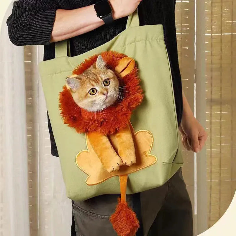 Canvas pet shoulder bag with cartoon pattern for cat or small dog transport