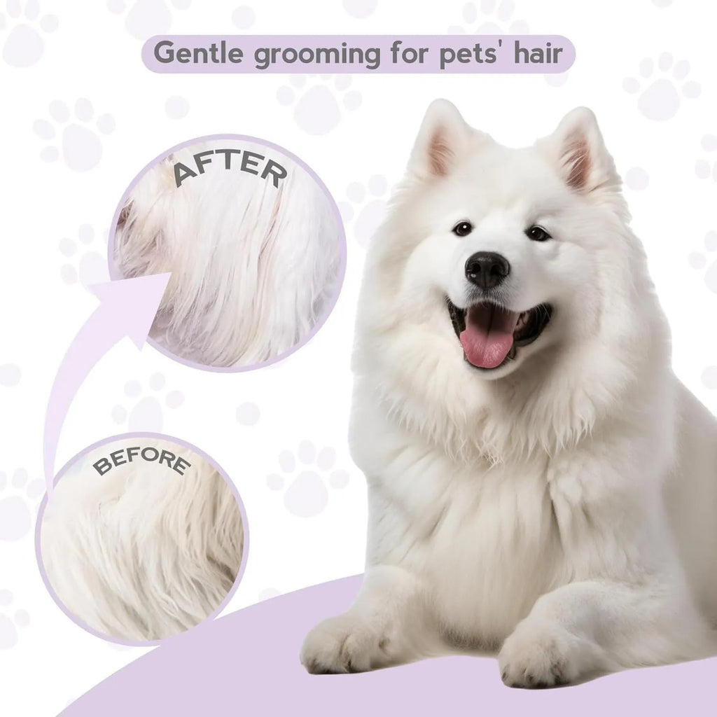 Purple pet grooming comb with stainless steel teeth and ergonomic handle for dog and cat grooming