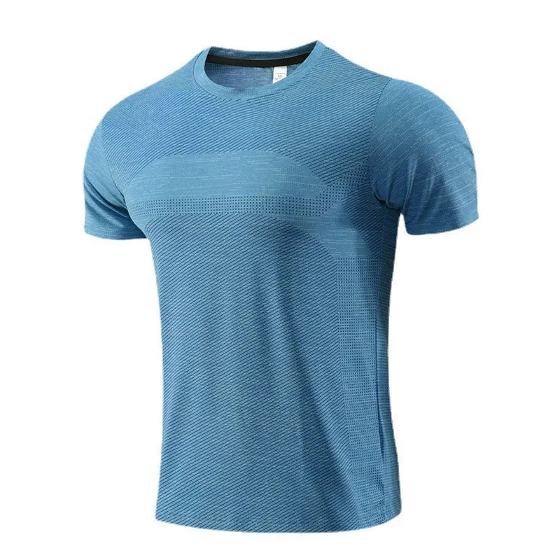 Men's short sleeve sports t-shirt in polyester spandex fabric for running and basketball.