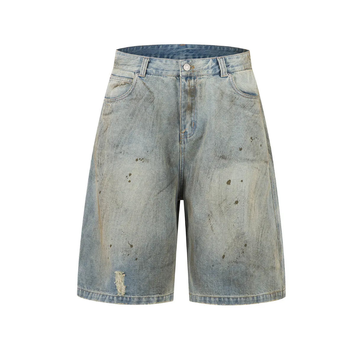 Straight-leg washed blue denim trousers with zipper fly and cropped middle pants length