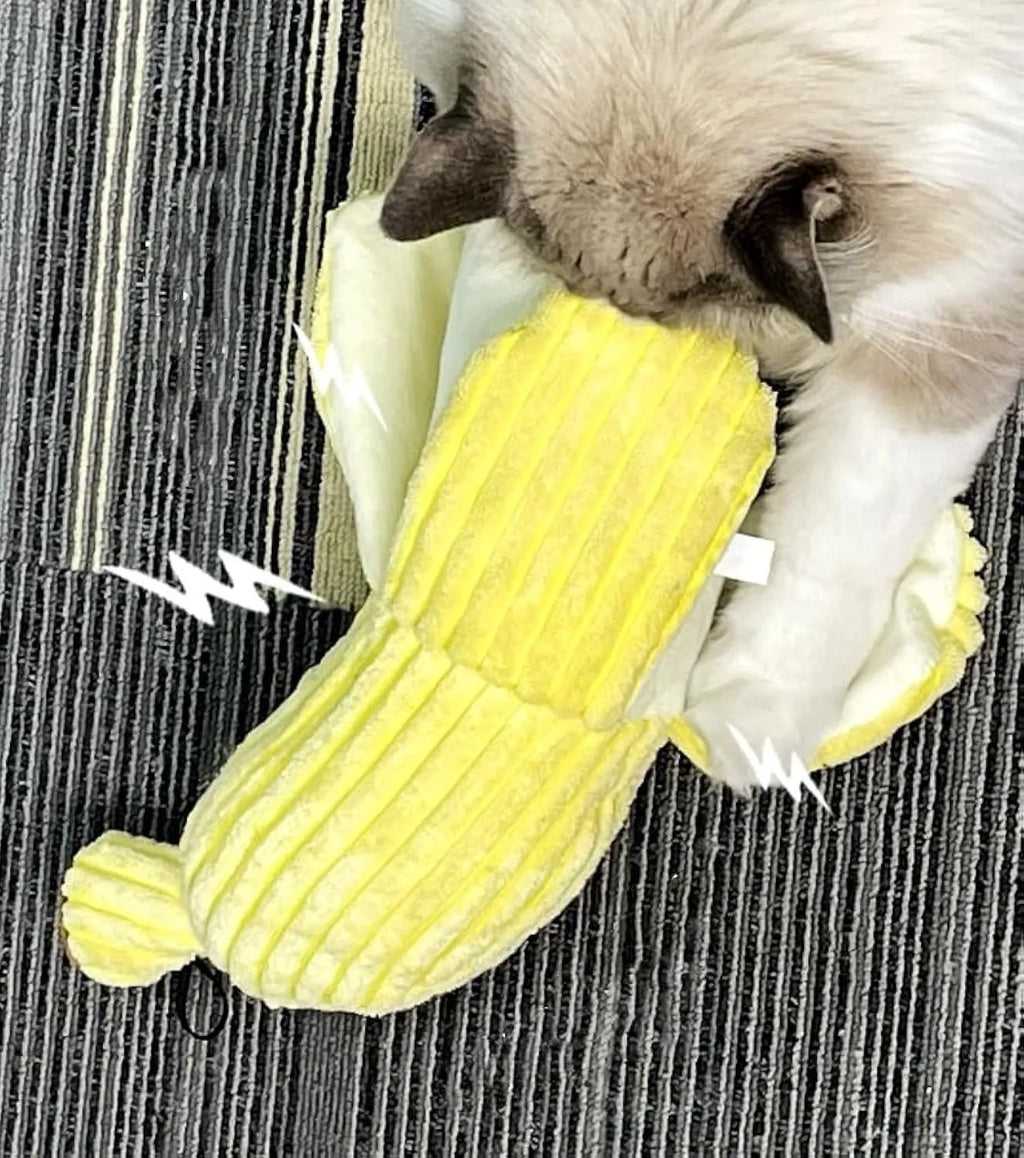 Yellow banana-shaped cat crinkle toy with catnip filling measuring 13 inches long